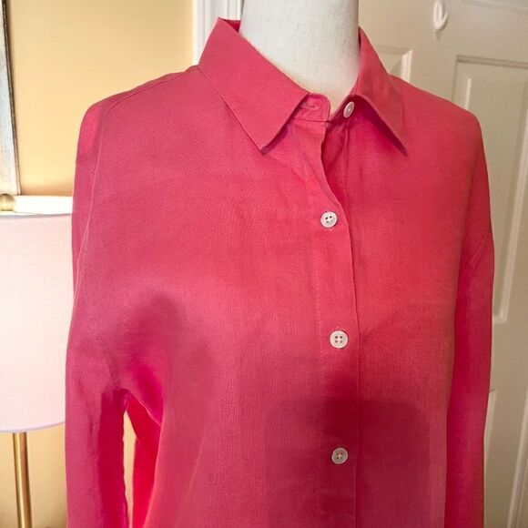 EEUC J. Jill Coral Pink Linen Button Front Top Shirt Blouse Size MEDIUM - Picture 2 of 3